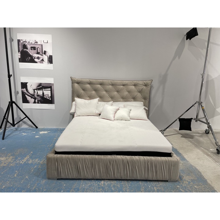 Pat tapitat Atlanta, Gri inchis, 140 x 200, cu somiera rabatabila si lada depozitare