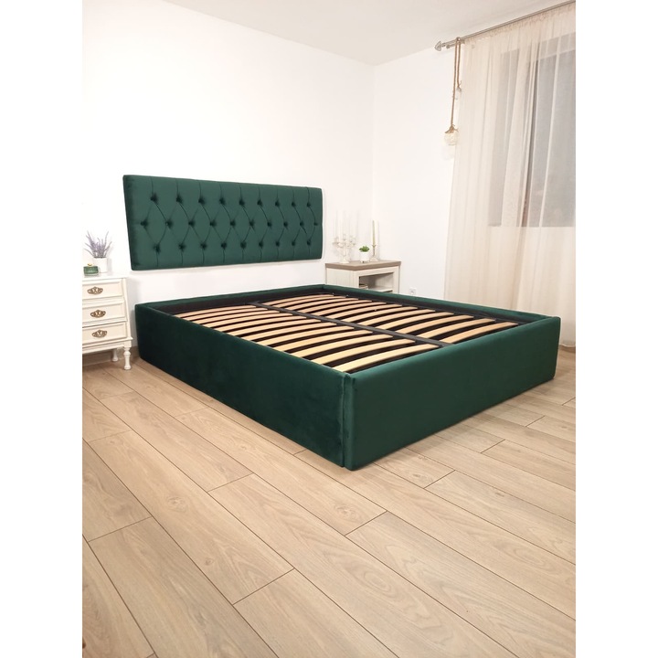 Pat tapitat Valahia, catifea verde, 180 x 200 cm, cu somiera metalica rabatabila si spatiu de depozitare