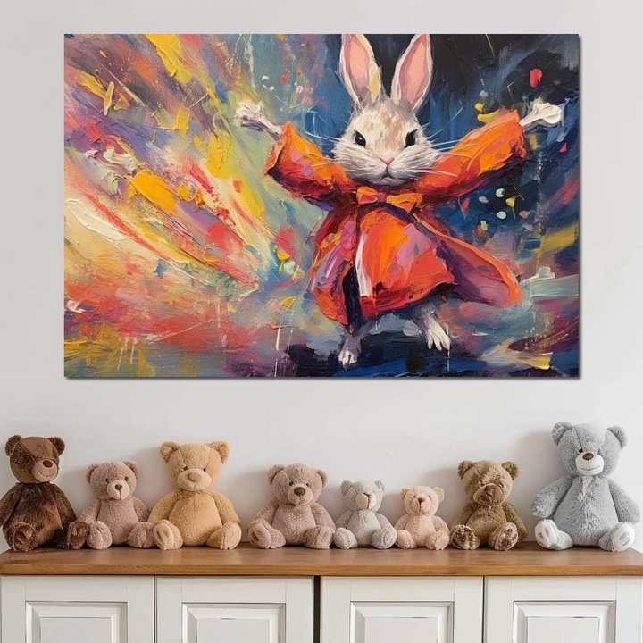 Премиум картина върху платно, LuxCanva® K1004, Смело зайче, 80 X 120 см, 100% памучно платно 400 г/м2, дървена рамка, Танцьор, Приключение, Цветен, Магьосник, Космат, Скачащ, Сладък, Радост, Движение, Омагьосан, Детска стая