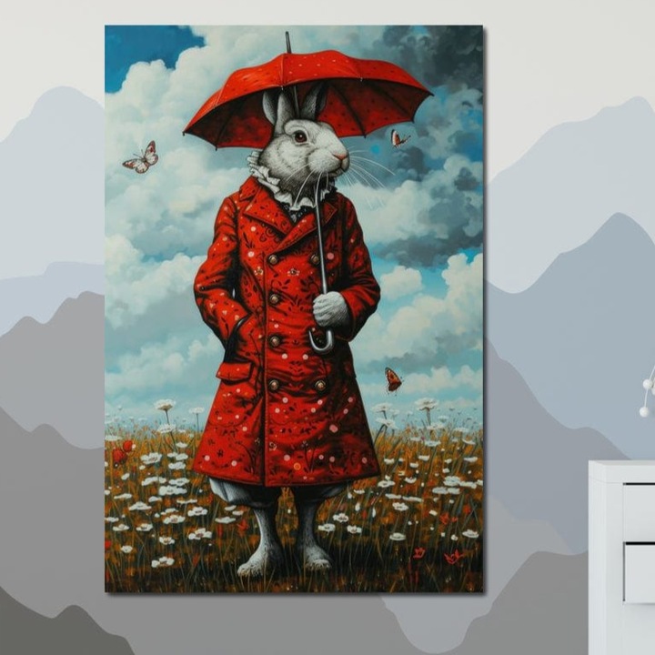 Премиум картина върху платно, LuxCanva® K1005, Г-н Зайо и пеперудата, 100 X 150 СМ, 100% памучно платно 400 г/м2, дървена рамка, разходка, дъжд, червено, чадър, цветя, елегантност, дрехи, копчета, история, приказки, анимирани, детска стая