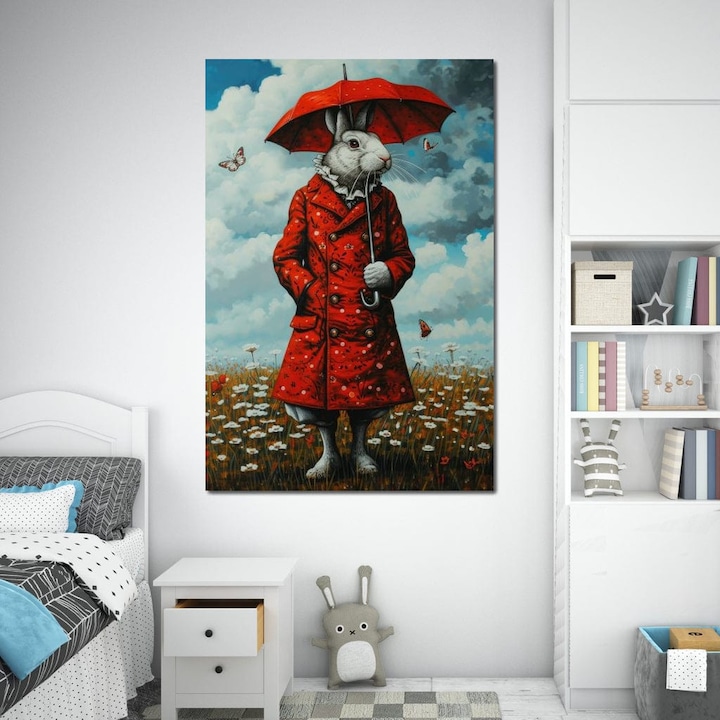 Премиум картина върху платно, LuxCanva® K1005, Г-н Зайо и пеперудата, 40 X 60 СМ, 100% памучно платно 400 г/м2, дървена рамка, ходене, дъжд, червено, чадър, цветя, елегантност, дрехи, копчета, история, приказки, анимирани, детска стая