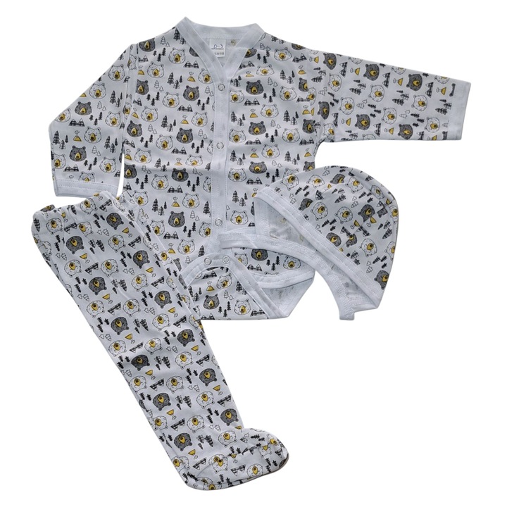 Compleu baieti, Bumbac, Alb cu ursuleti, 3 luni, 62 CM