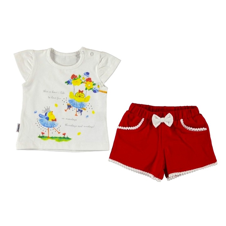 Compleu vara 2 piese, tricou alb model puisori, pantaloni scurti rosii