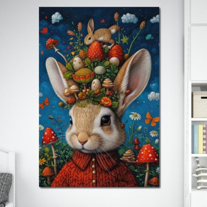 Премиум картина върху платно, LuxCanva® K1006, Зайчето и вълшебната градина, 100 X 150 см, 100% памучно платно 400 г/м2, дървена рамка, лесовъд, шапка, омагьосан, принт, гора, гъби, облаци, ягоди, приказка, декор, детска стая
