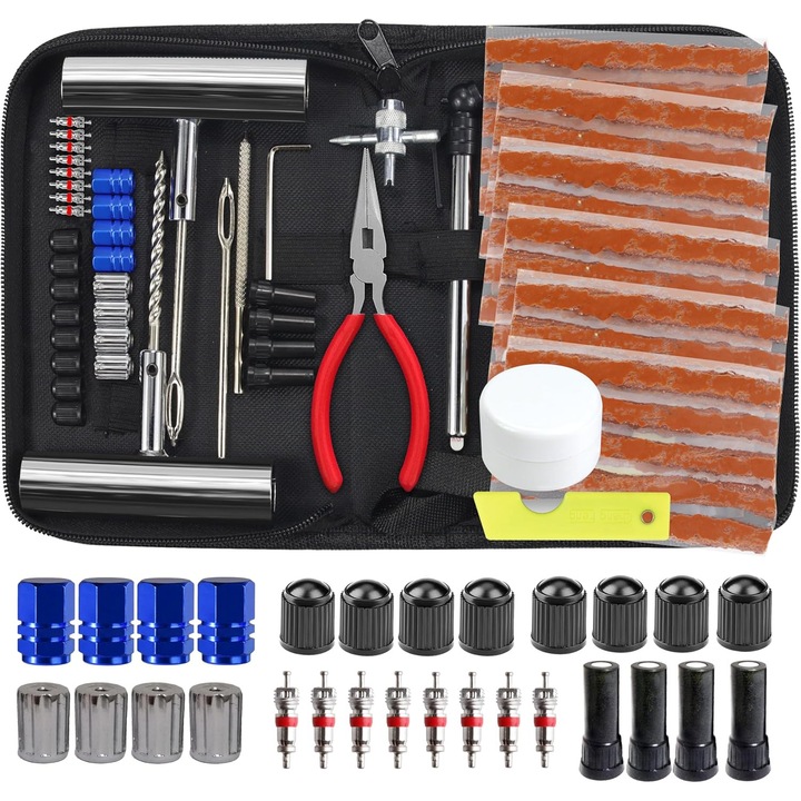 Комплект за ремонт на гуми, 68 части, с кутия за инструменти, Puepoul, Комплект клинове за автомобилни корди за студено вулканизиране, за ремонт на спукани гуми на автомобили, мотоциклети, камиони, SUV-ове, кемпери, ATV-та, трактори и ремаркета