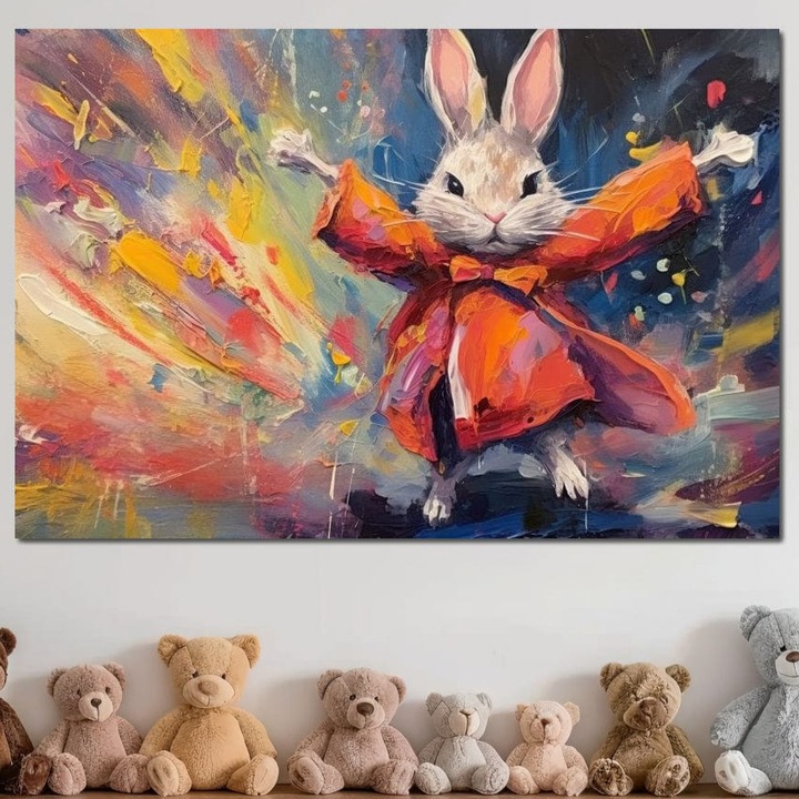 Tablou Canvas Premium, LuxCanva® K1004, Iepurasul Curajos, 80 X 120 CM, Panza Bumbac 100% 400g/m2, Sasiu Lemn, Dansator, Aventura, Colorat, Magician, Blanita, Saritura, Simpatic, Veselie, Miscare, Fermecat, Camera Copii