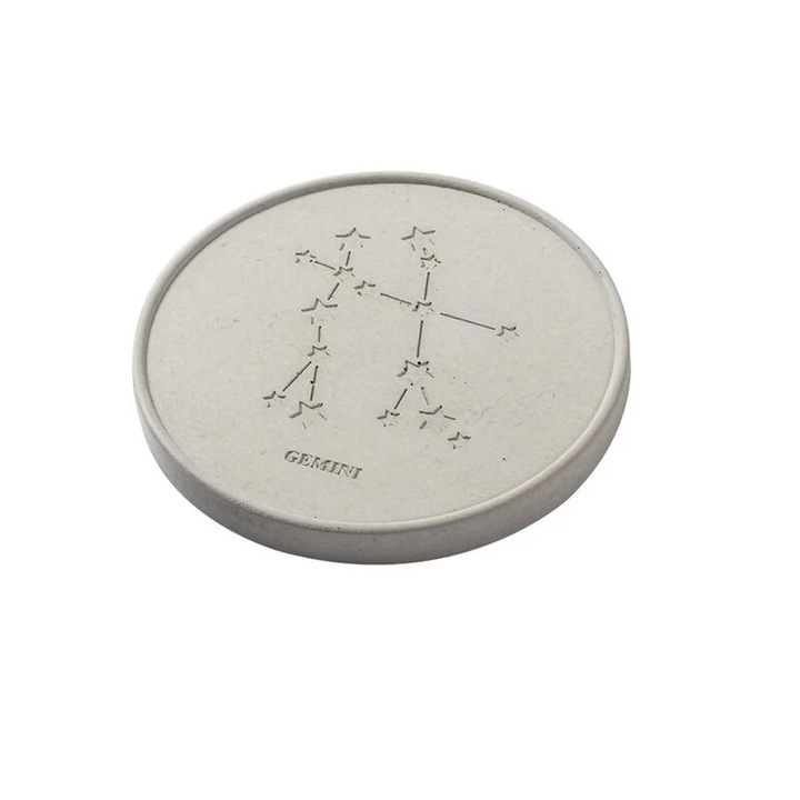 Suport pentru pahar, coaster, Constelatii stelare si semne zodiacale, 10 cm, Gemeni, alb