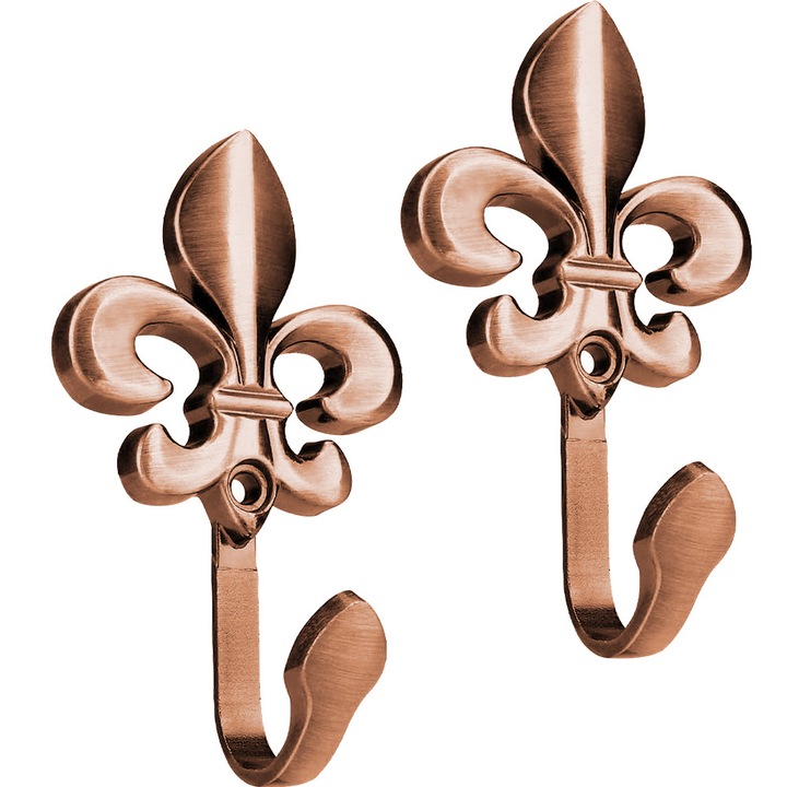 Carlige de perete pentru perdele si haine, model Fleur-de-lis, aliaj de zinc, rezistente la rugina, multifunctionale pentru draperii, Cupru antic, 2 bucati