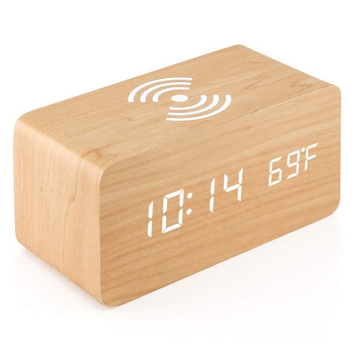Ceas desteptator digital lemn, incarcare wireless, LED ajustabil, maro, 15x7x5cm