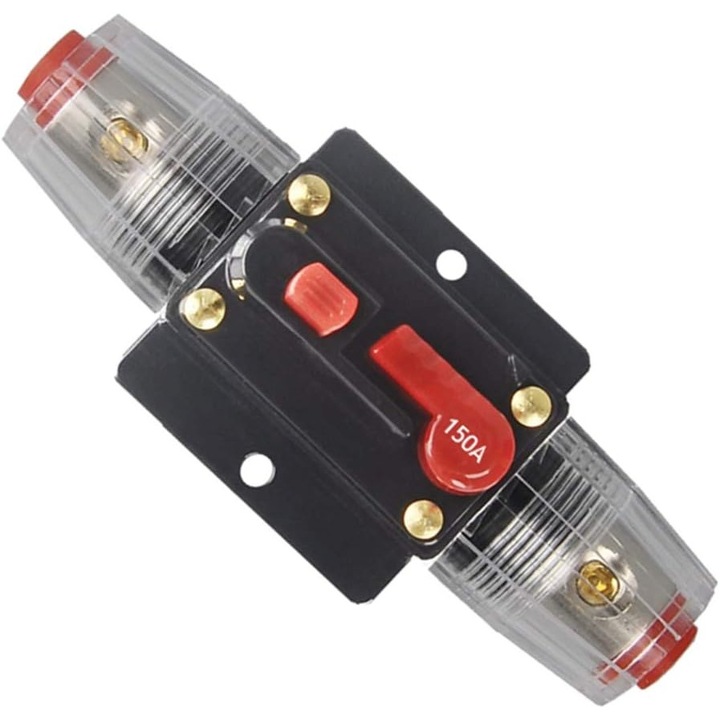 150A-es kismegszakító, PsAyl, autós és hajós audio/video rendszerekhez, 12-24V DC, kézi visszaállítású, 98x43x35mm