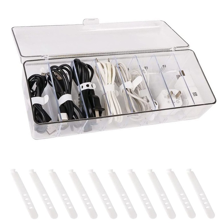 Кутия за органайзер за кабели, QttvbTna, PET, 8 отделения, 26,5x10x7,5 см, прозрачна