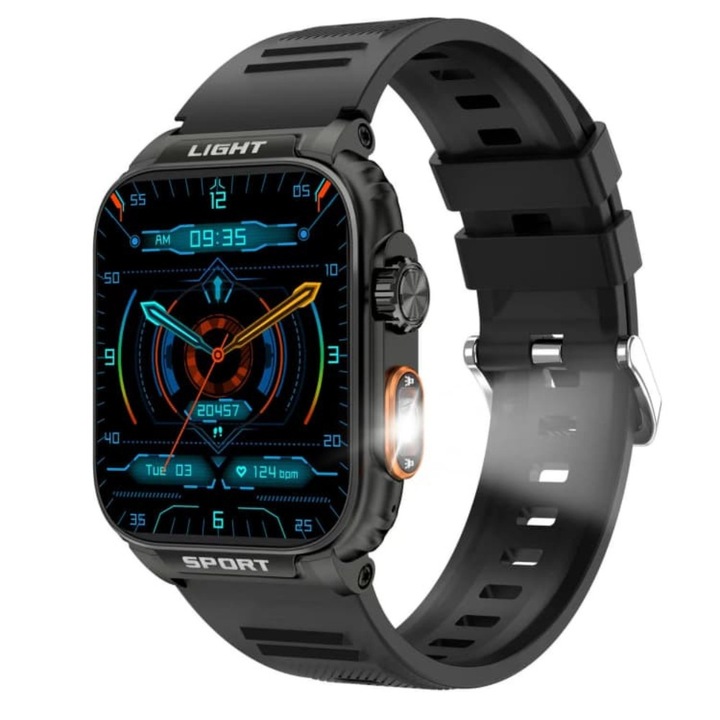 COOSTAR® okosóra, CR100, intelligens, 1,91 hüvelykes képernyő, LCD HD, 320 x 380 px felbontás, Bluetooth 5.0, nagy teljesítményű zseblámpa, pulzusmérő, SpO2 mérő, fekete szilikon szíj