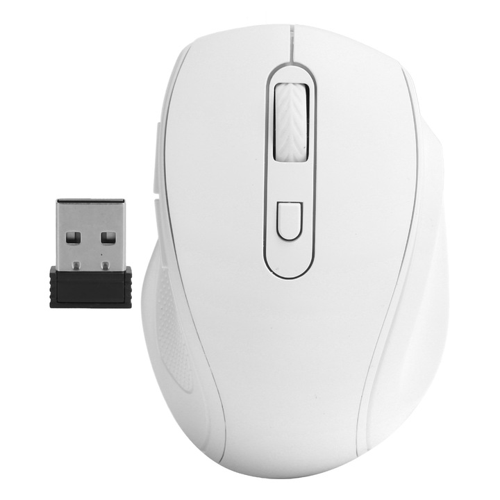 Mouse wireless 2.4GHz ergonomic alb, 1600DPI, 6 butoane, dimensiuni 103.5x70.5x38.6mm