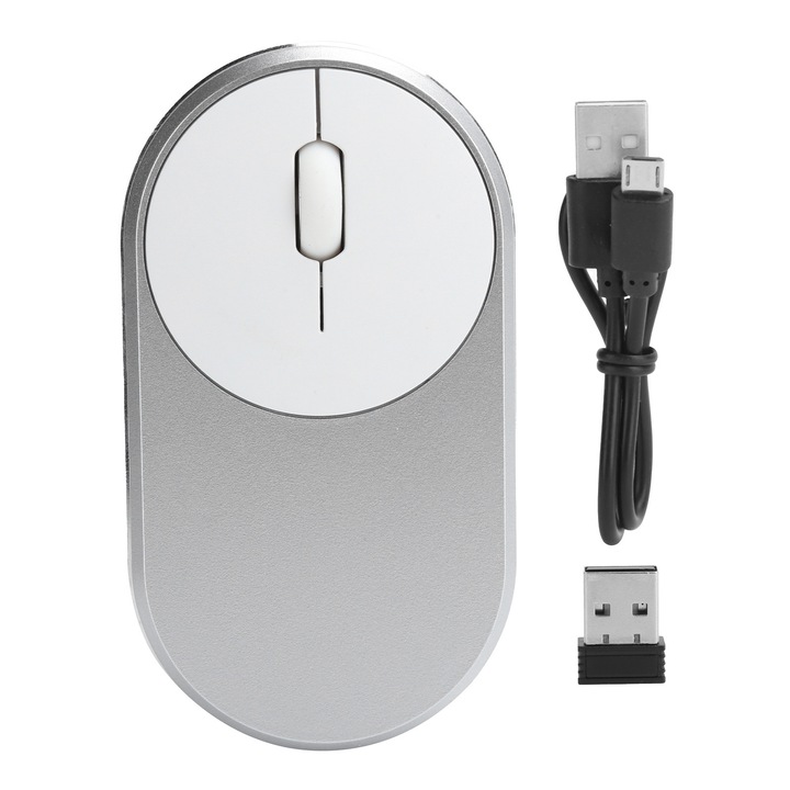 Mouse wireless 2.4GHz, optic, gri argintiu, set cu receptor USB si cablu de incarcare