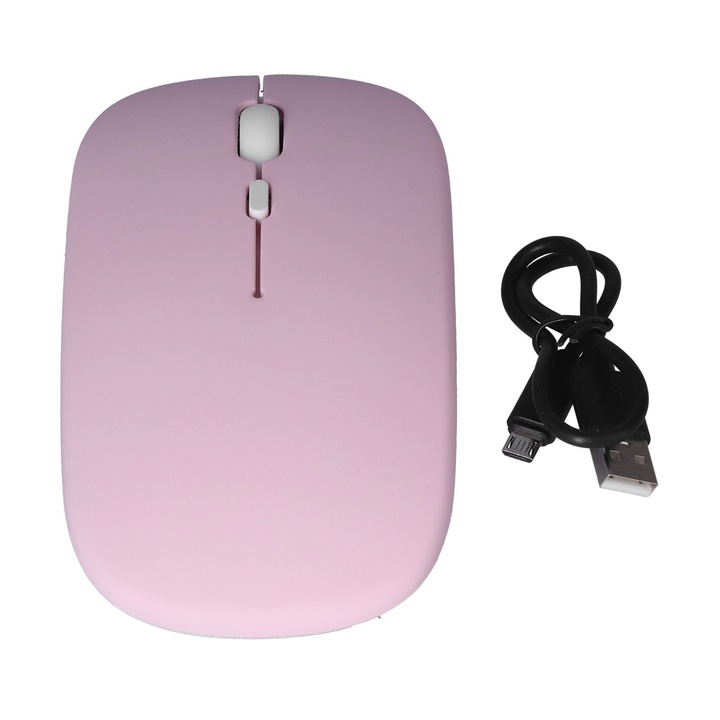 Mouse wireless ergonomic, 2.4G, roz, cu tehnologie duala, incarcabil