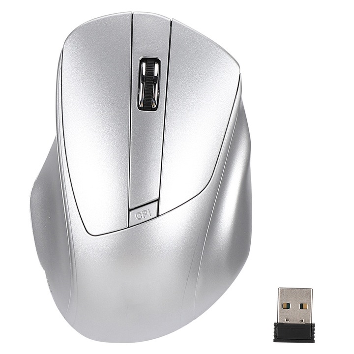 Mouse wireless W12, ergonomic, 4 butoane, 1600 DPI, argintiu
