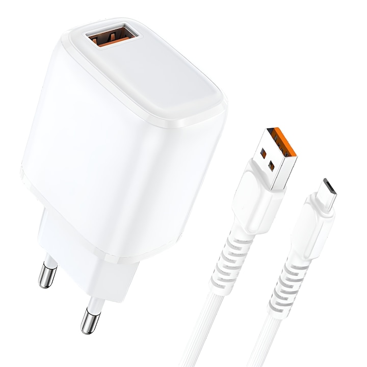 25 W-os DaDen CDQ064M hálózati töltő, Micro USB töltőkábel mellékelve, Gyorstöltés, Gyorstöltés, USB, Fehér