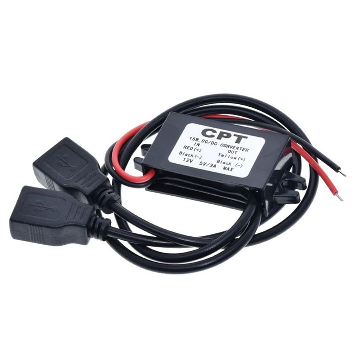 Convertor coborator de tensiune step-down de la 12V la 5V, 3A, 15W, rezistent la apa si praf