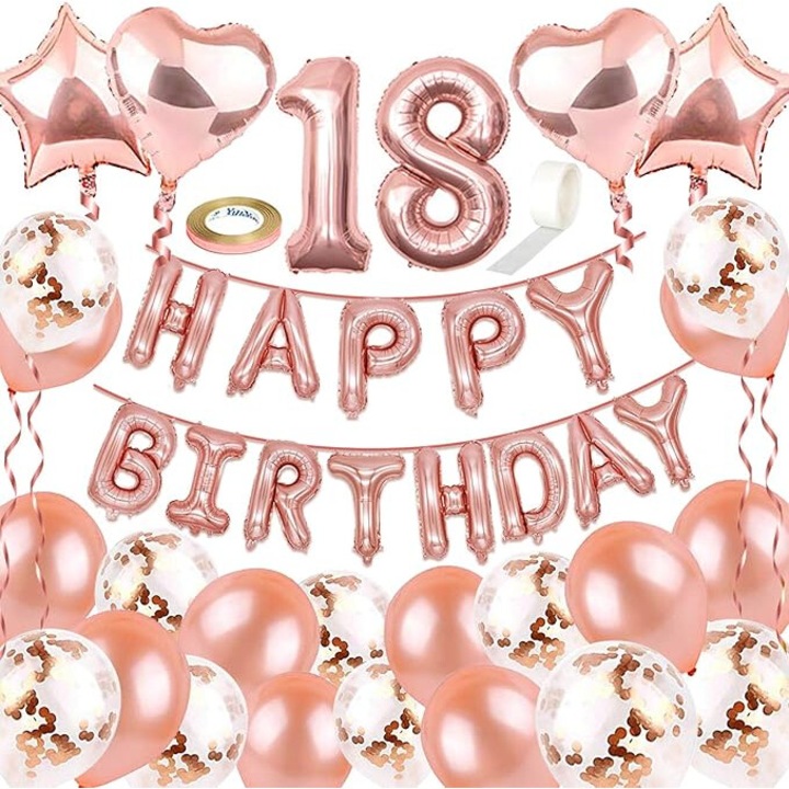 Születésnapi lufik és dekorációk szett, 18 éves, 30 darabos, rozéarany