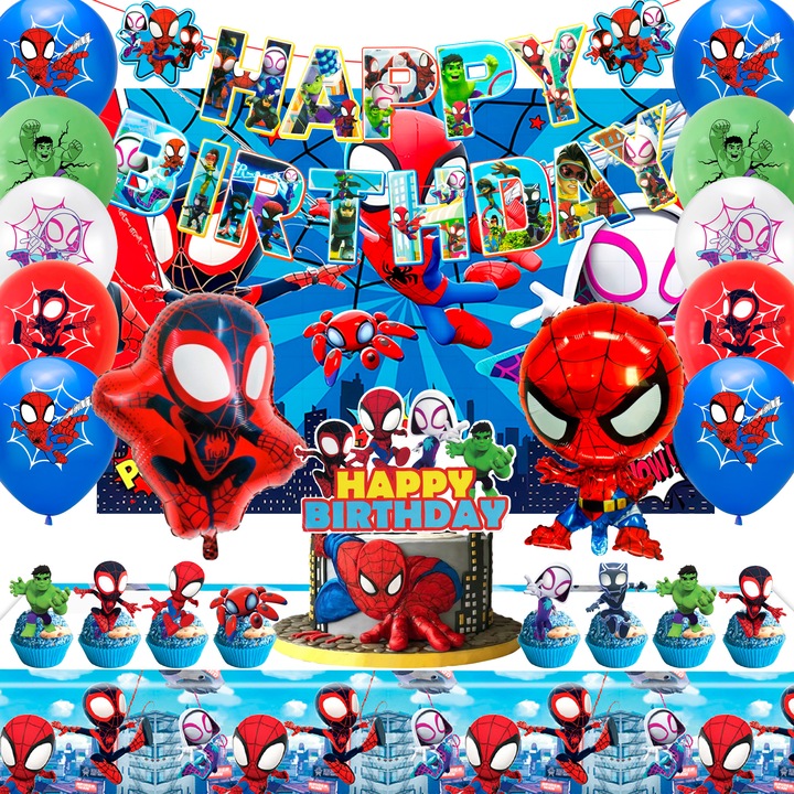 30pcs Set de Decoratiuni Petrecere Spiderman, Accesorii Petrecere Spiderman - Fete De Masa, Baloane, Fundal, Decoratiuni Tort Spiderman Etc Decoratiuni Aniversare Spiderman