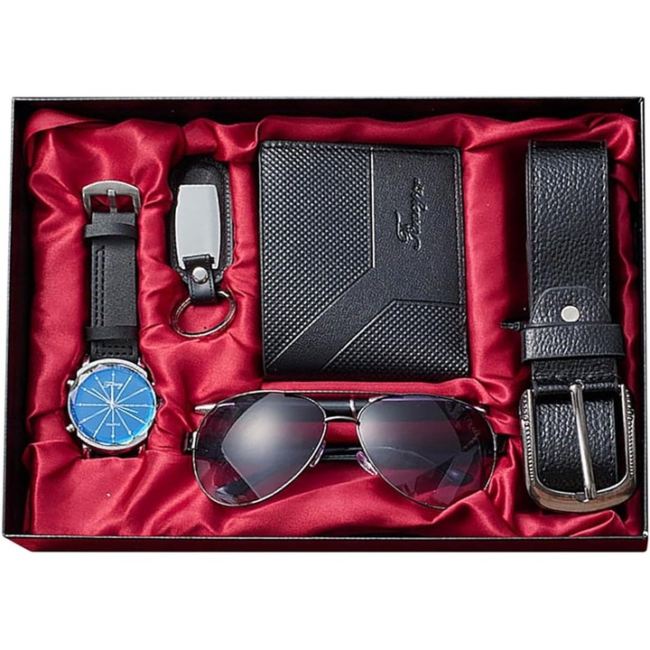 Set cadou, Include Ceasuri, ochelari de soare, curele, portofel, pixuri, breloc si cutie cadou, 29.5*21.5*4.5cm, pentru tata barbati sot prieten, Negru