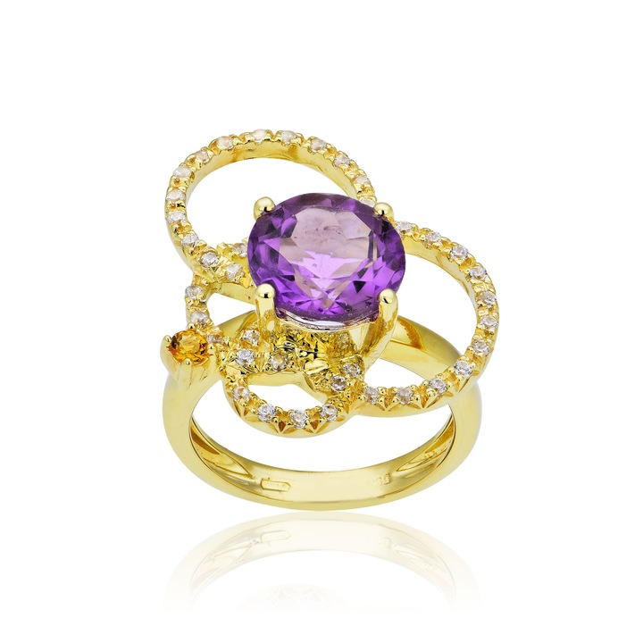 Inel din aur galben de 14K cu zirconiu si ametist