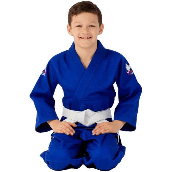 Costum Judogi pentru un baiat, Bumbac, 350 GSM si 270 GSM, Alb/Albastru