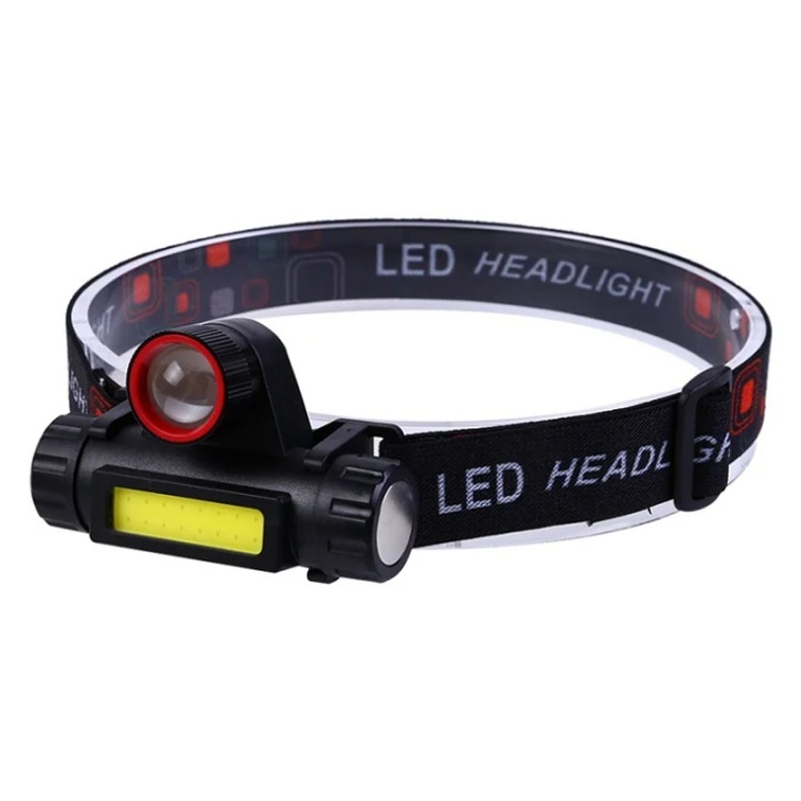 Professzionális LED + COB fejlámpa, újratölthető, USB-C töltés, állítható zoom, állítható szög, 4 funkció, levehető, multifunkcionális, 210 lumen, 1200 mAh, fekete
