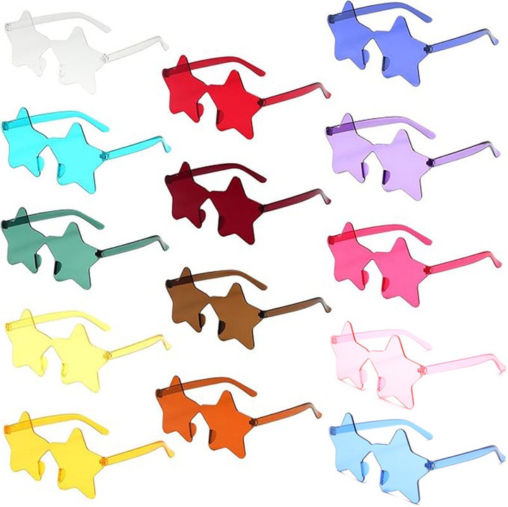 Set 14 perechi ochelari de soare MORDELY, model stea, fara rama, multicolor, 14.2x5.6cm
