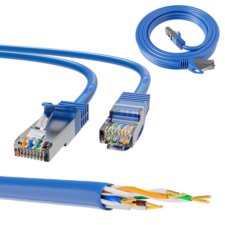 Мрежов кабел Extralink Cat.6A S/FTP 1m, LAN patchcord, меден, 10Gbit/s, за бързо и сигурно свързване на мрежови устройства, сървъри, суичове и други устройства