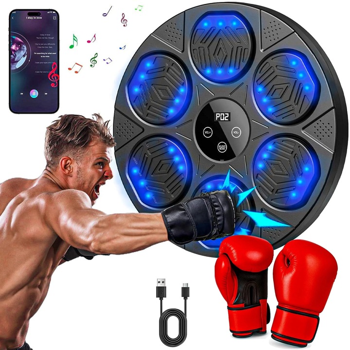 Aparat de Box Inteligent Timebox cu Muzica – Sistem Interactiv de Perete cu Bluetooth, Ecran Tactil, Iluminare, Manusi Box incluse si Functie de Numarare, Ideal pentru Antrenamente Acasa, Birou sau Sala, pentru Copii si Adulti