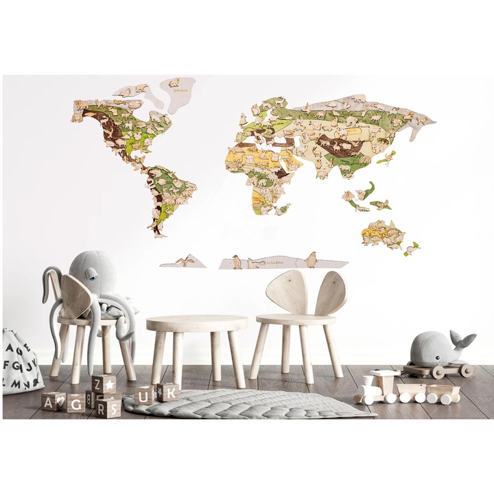 Gyerektérkép - A világ állatai - 3D Fa puzzle falitérkép 130x70 cm