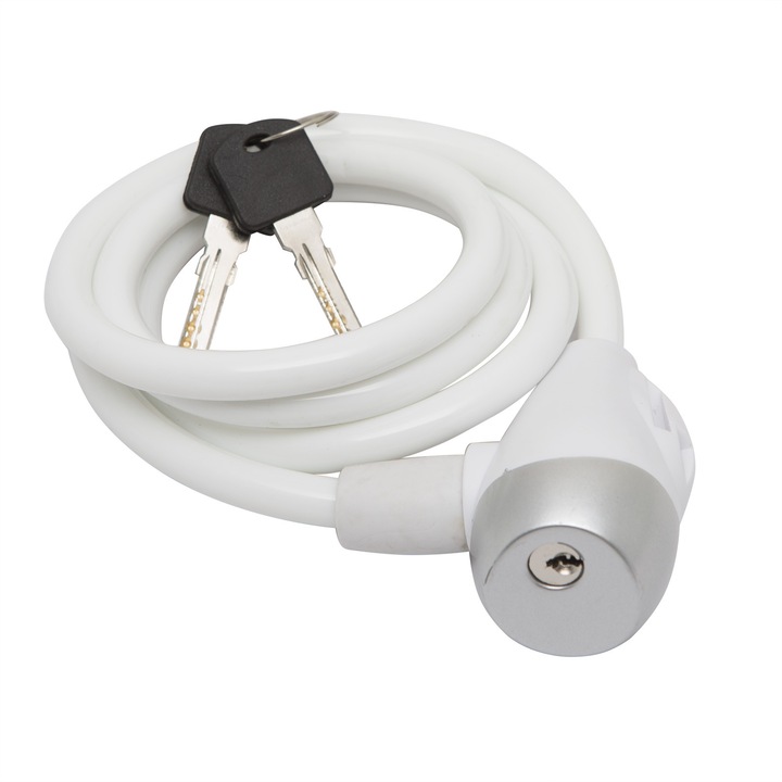 Kerékpárzár, 10 mm x 120 cm, fehér. 2 kulcs mellékelve.