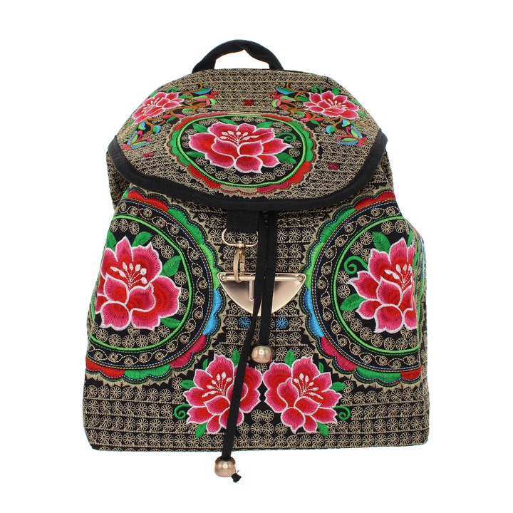 Rucsac dama, din material textil, 35x26x13 cm, Negru cu flori brodate roz - RUC239