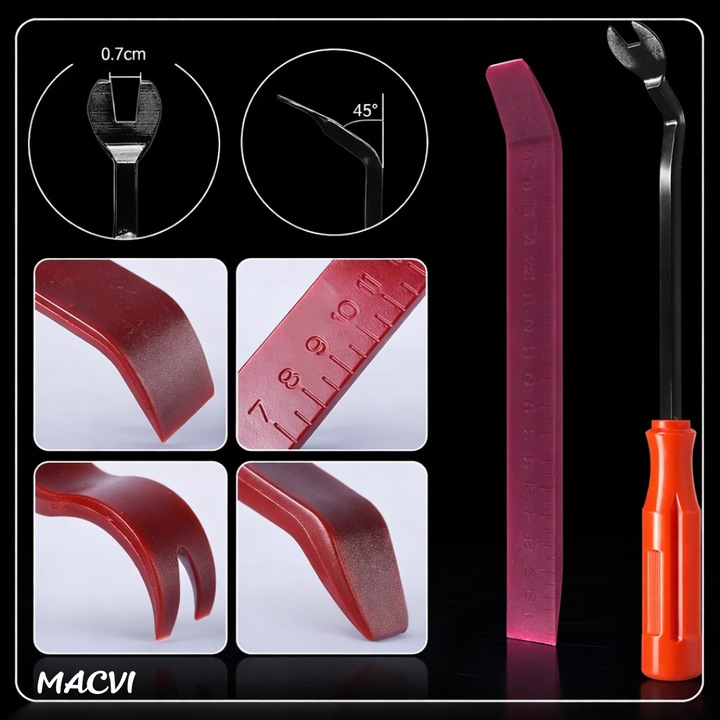 Set unelte demontare Macvi® panouri auto 6 piese, plastic si metal, pentru clipsuri, garnituri si elemente interioare