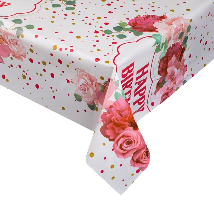 Műanyag terítő 180x120cm fehér rózsaszín virágmintával boldog születésnapot évfordulós buliba