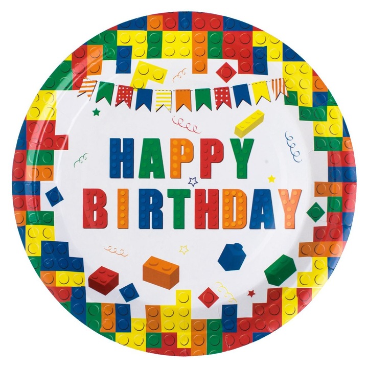 Комплект от 10 бели картонени чинии 23 см с цветен тухлен мотив и принт „Happy Birthday“ за детско парти за рожден ден