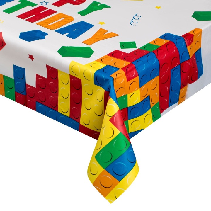 Műanyag terítő 180x120cm fehér színű, színes kockákkal és boldog születésnapot felirattal gyerek születésnapi bulira