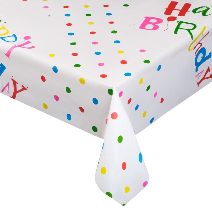 Műanyag terítő, 180x120cm fehér, színes pöttyökkel és boldog születésnapot felirattal születésnapi bulira