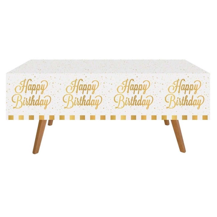 Műanyag terítő 180x120cm fehér arany fólia csíkokkal és boldog születésnapot mintával születésnapi bulira