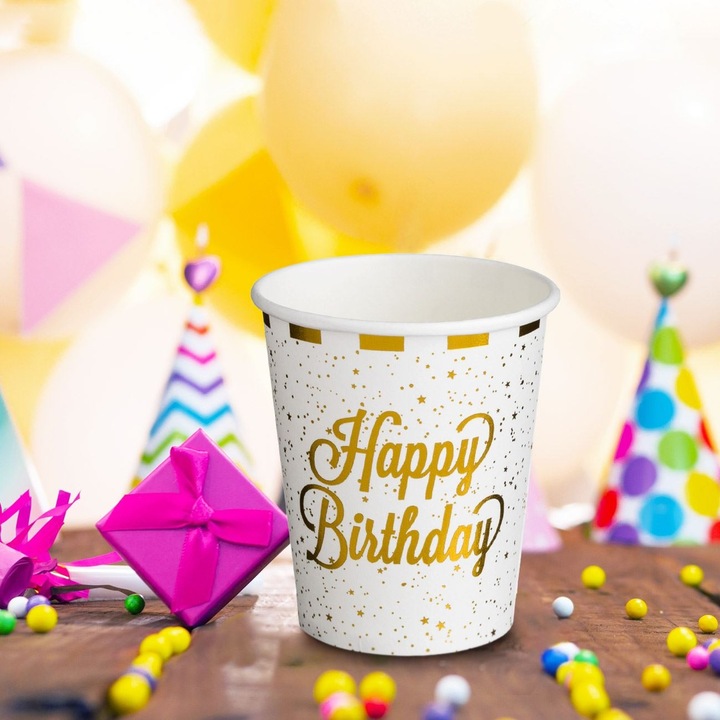 Комплект от 12 бели картонени чаши по 240 мл със златисти ивици и принт „Happy Birthday“ за рожден ден