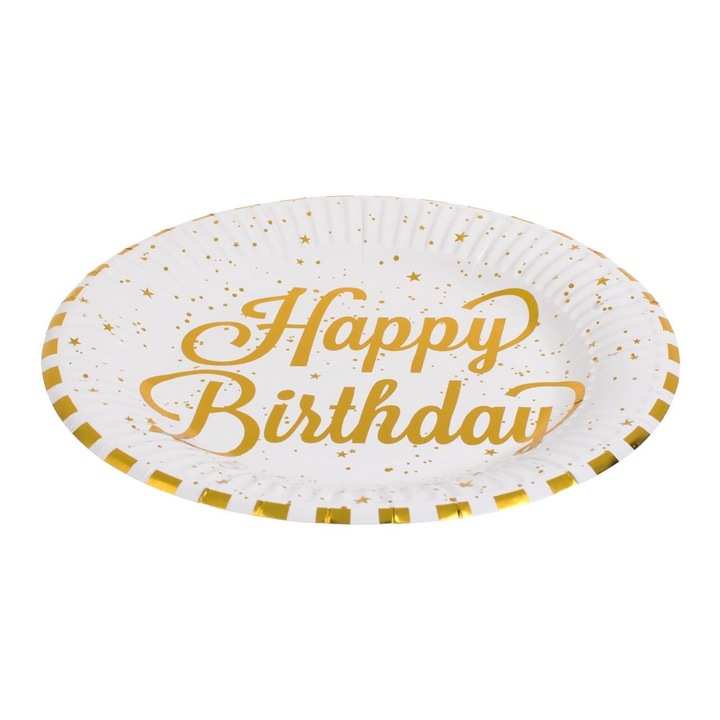 Комплект от 12 бели картонени чинии 18 см със златни фолийни ивици и принт "Честит рожден ден" за рожден ден