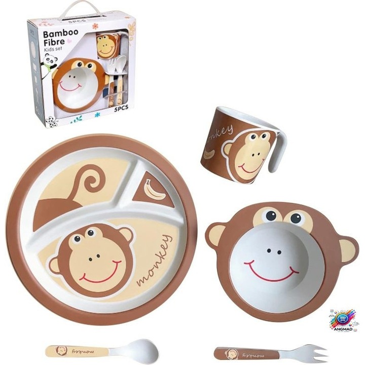 Детски комплект за хранене ANGMAD, изработен от бамбукови влакна, съдържа: чиния, купа, чаша, вилица и чаена лъжичка, модел: маймунка: цвят: кафяво многоцветно, препоръчителна минимална възраст 3+ месеца