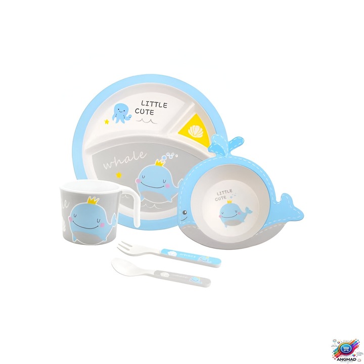 Пълен комплект за детска маса ANGMAD, изработен от бамбукови влакна, съдържа: чиния, купа, чаша, вилица и чаена лъжичка, модел: кит, цвят: сиво-син многоцветен, препоръчителна минимална възраст 3+ месеца