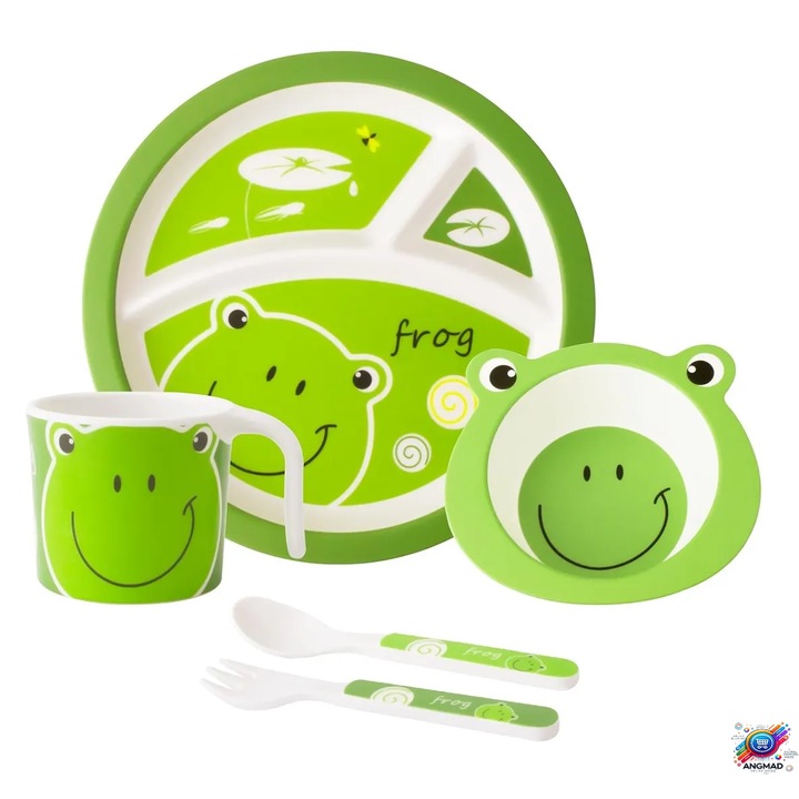 Детски комплект за хранене ANGMAD, изработен от бамбукови влакна, съдържа: чиния, купа, чаша, вилица и чаена лъжичка, модел: жаба, цвят: многоцветно зелено, препоръчителна минимална възраст 3+ месеца