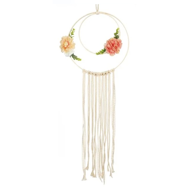 Decoratiune de Perete Rotunda Macrameu Bej cu Franjuri & Flori Ø31x82cm