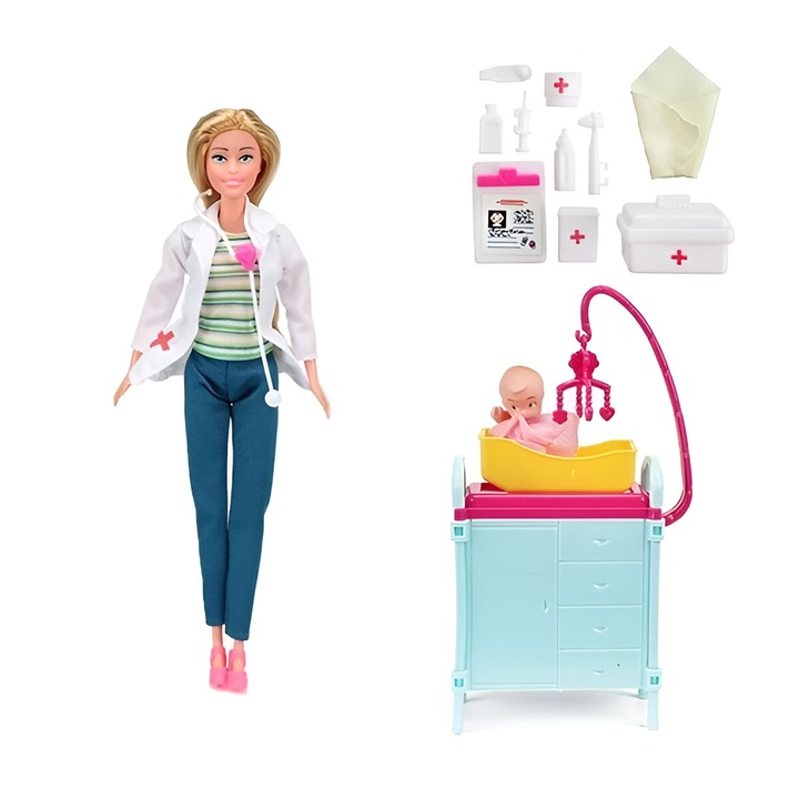 Papusa Medic pediatru ANGMAD, setul contine: o papusa in uniforma medicala, 2 bebeluri, diverse accesorii, alb multicolor