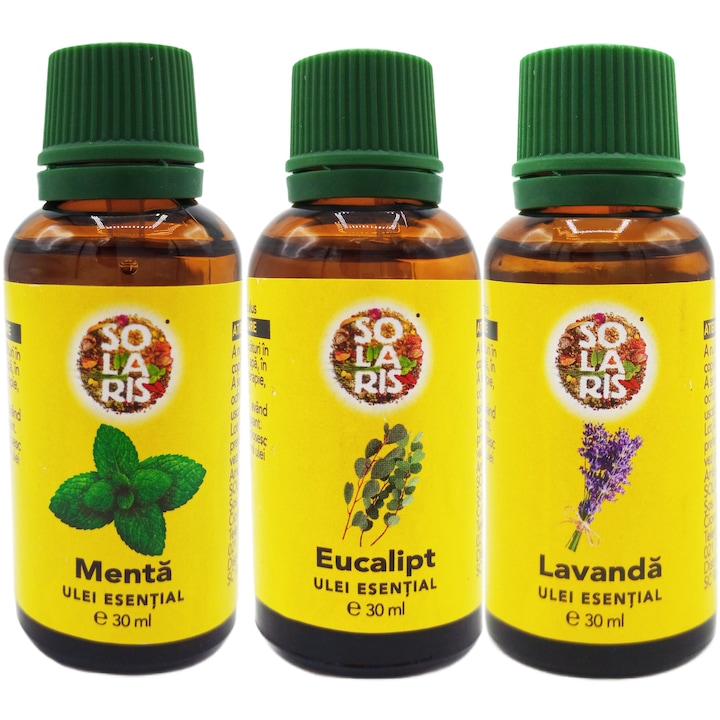 Kit 3 uleiuri esentiale XXL "Colectia BestSeller" Menta, Eucalipt, Rozmarin, Lavanda, 100% naturale, fara aditivi, 3x30ml, Solaris Plant