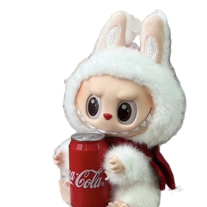 Jucarie de plus Labubu Macaroon, alb, set cu shaker surpriza