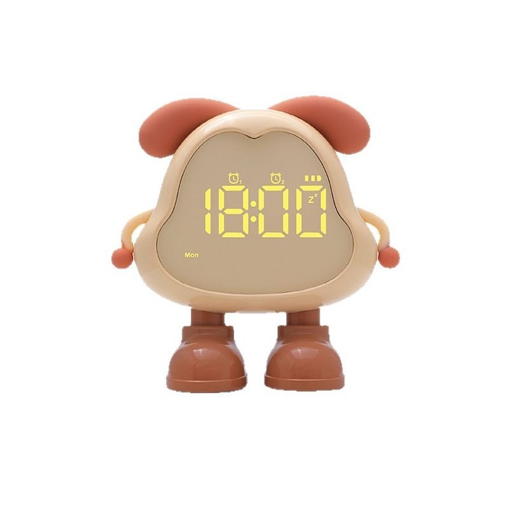 Ceas decorativ cu alarma Dora catel, volum ajustabil, lumina de noapte, galben-maro